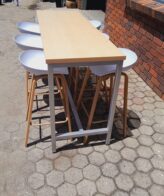 cb7be1c4 2289 486c 8f7b 18581d8ebf68 scaled 2 Bar Table 2400mm x 600mm x 950mmH - Maple bar table with steel frame legs 2400mm x 600mm x 950mmH
