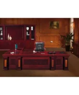 clinton executive desk with credenza and pedestal 20654 homzy Clinton Executive Desk With Credenza And Pedestal - The Clinton desk is made with a Precious root veneer finish with a 110mm thickness desk top and credenza top. A brown leather inlay on the desktop and a golden melt finish on the pillow legs really portray an executive feel. Plug points and cable wholes are delicately embedded into the desktop to maintain its free-standing desk height credenza consisting of a hinged door and computer compartment for ease of work and a three-draw mobile pedestal with central locking is provided for extra storage. Dimensions: Credenza: Length: 159 cm Width: 90 cm Height: 80 cm Desk: Length: 330 cm Width: 120 cm Height: 80 cm